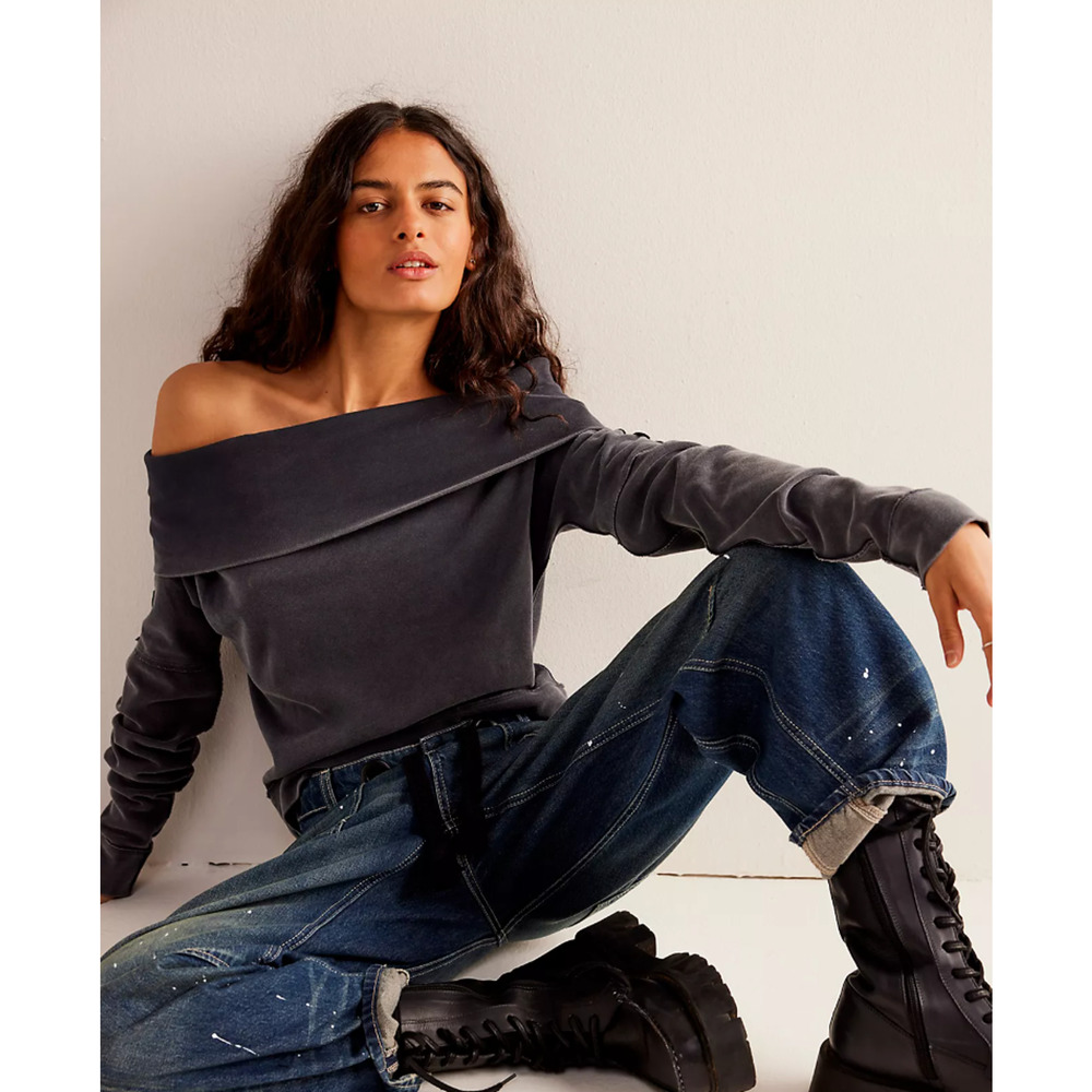 NEW FREE PEOPLE WE THE FREE BLACK NOT THE SAME TEE OFF THE SHOULDER TOP SZ M - Picture 3 of 10